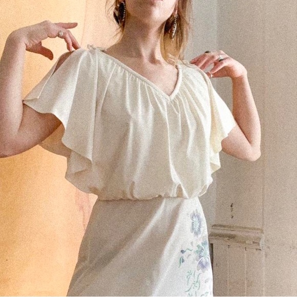 SOLD — Vintage 70s Soft Ivory Butterfly Sleeved Dress - Picture 1 of 4